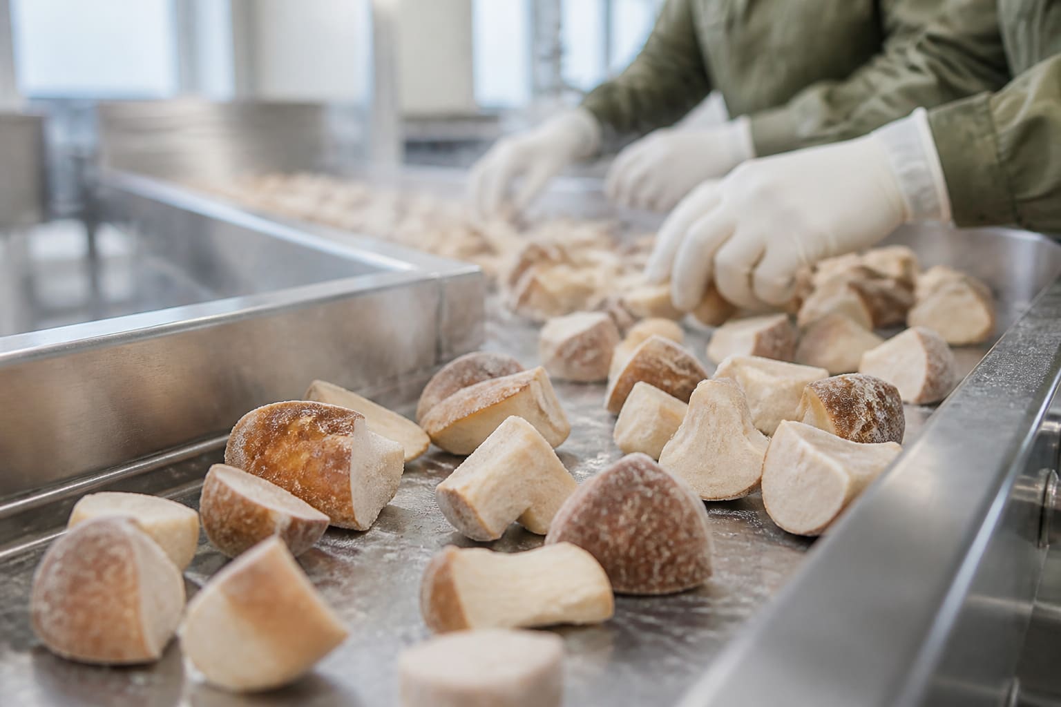Atelier MAGDA : demi-cèpes surgelés triés à la main sur une ligne en inox