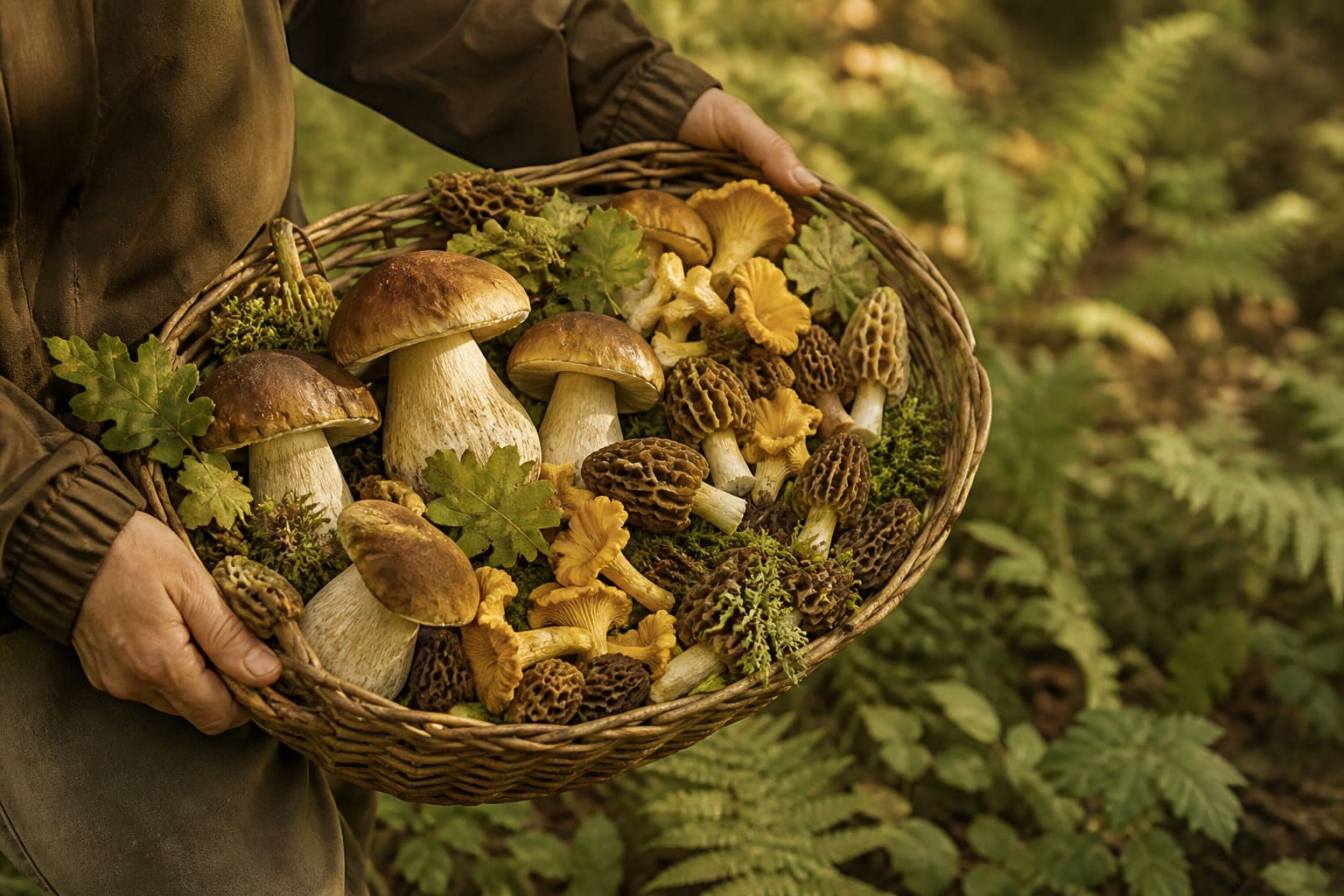 Panier d’osier rempli de cèpes, girolles et morilles fraîchement cueillis