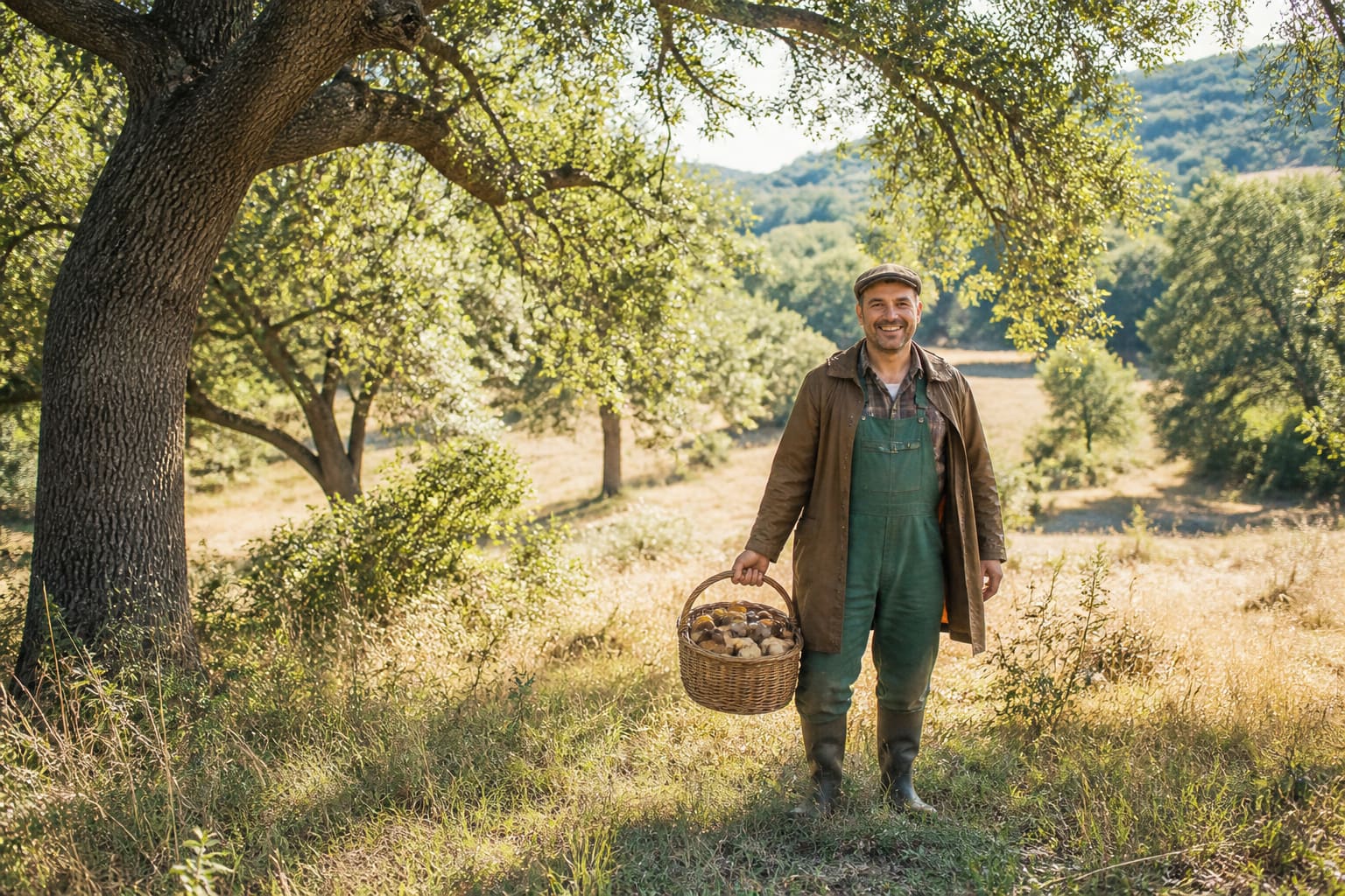 Cueilleur souriant tenant un panier de cèpes dans une clairière provençale
