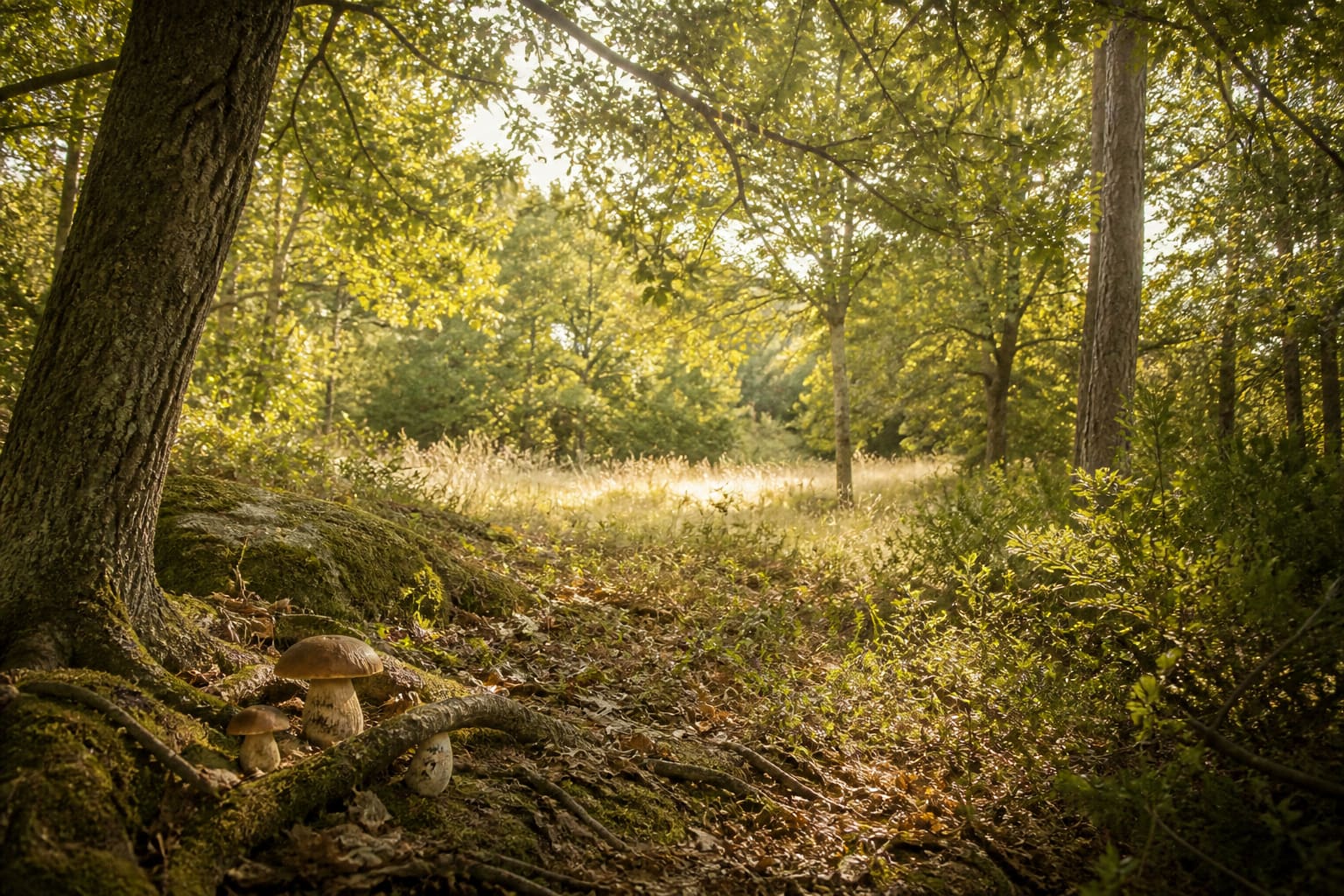 Sous-bois provençal, cèpes au pied d’un chêne, lumière filtrée