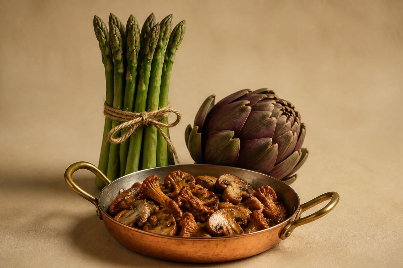 Asperges vertes, artichaut et sautoir en cuivre de champignons sur fond beige