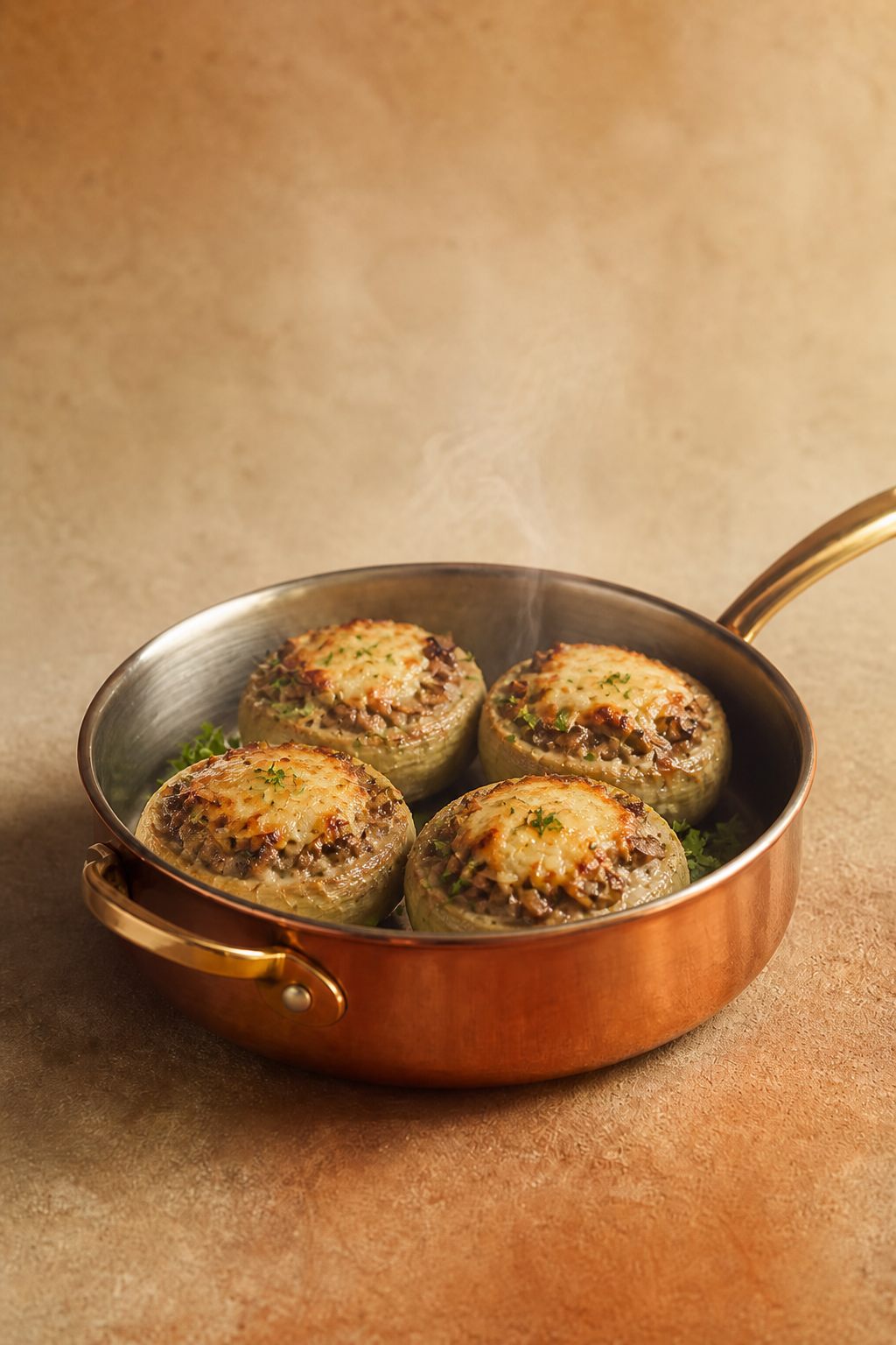 Fonds d’artichaut farcis aux champignons, gratinés, dans un plat en cuivre, fond beige