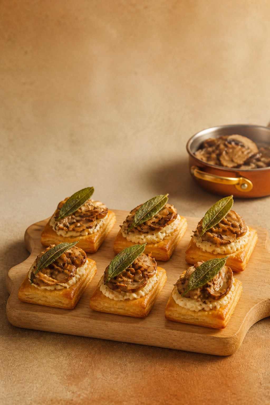 Bouchées feuilletées aux pleurotes et sauge sur une planche, fond beige