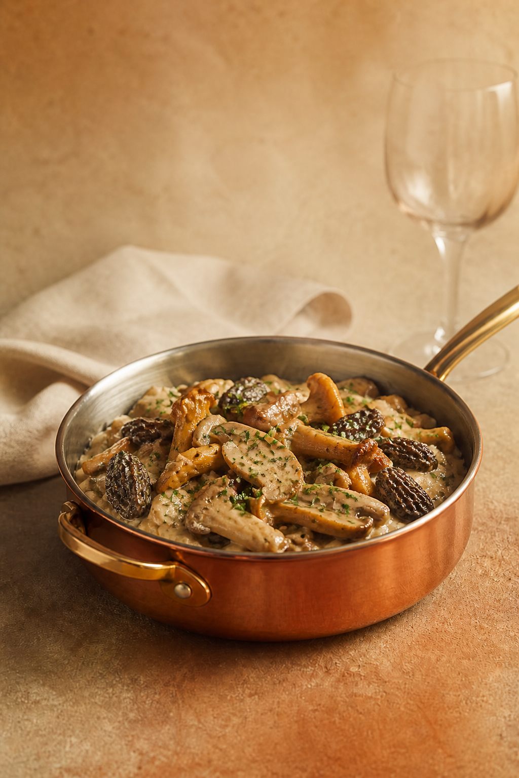 Cocktail de champignons à la crème dans un grand sautoir en cuivre, table de fête, fond beige pierre