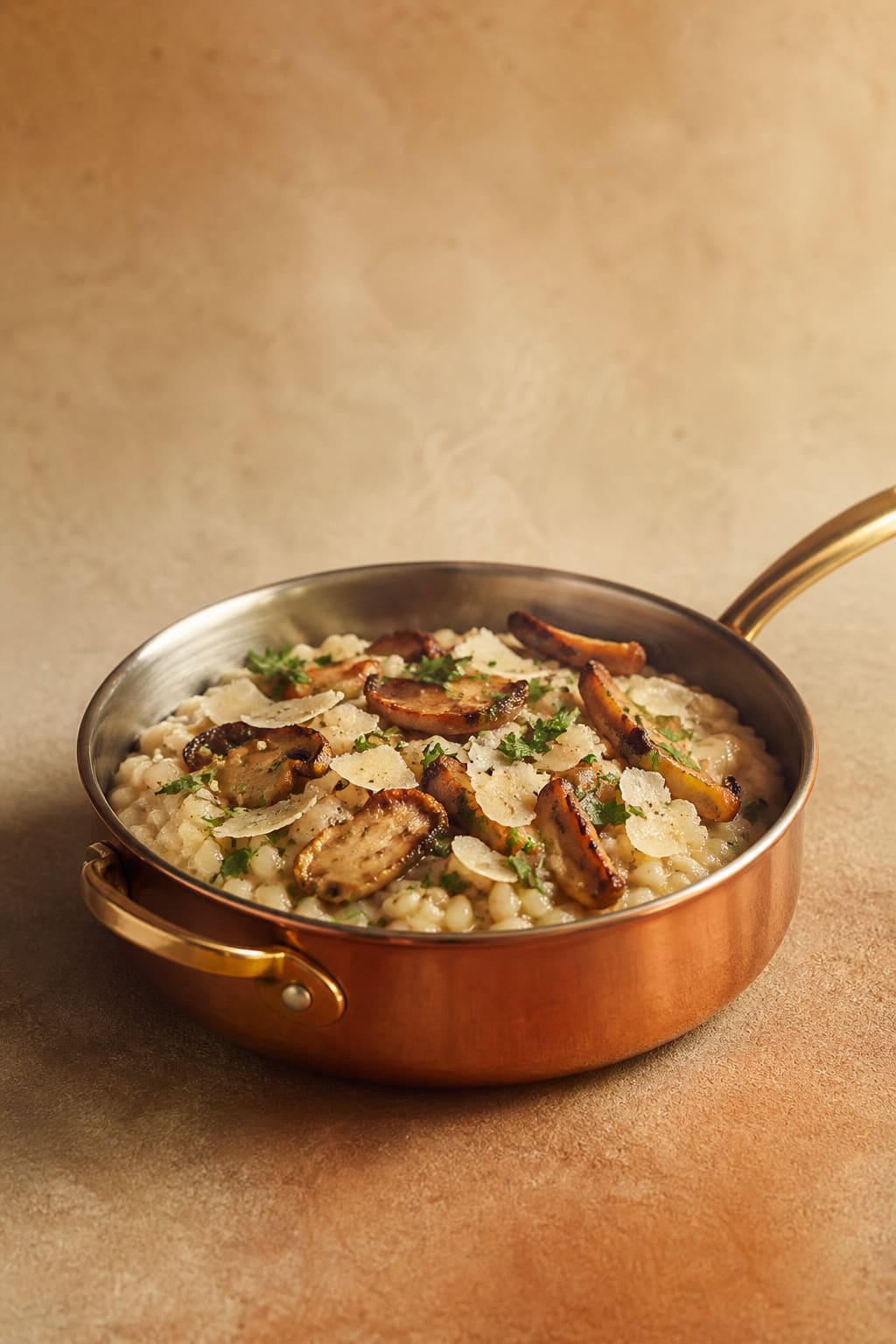 Risotto crémeux aux cèpes dans une casserole en cuivre, copeaux de parmesan, vu de trois-quarts