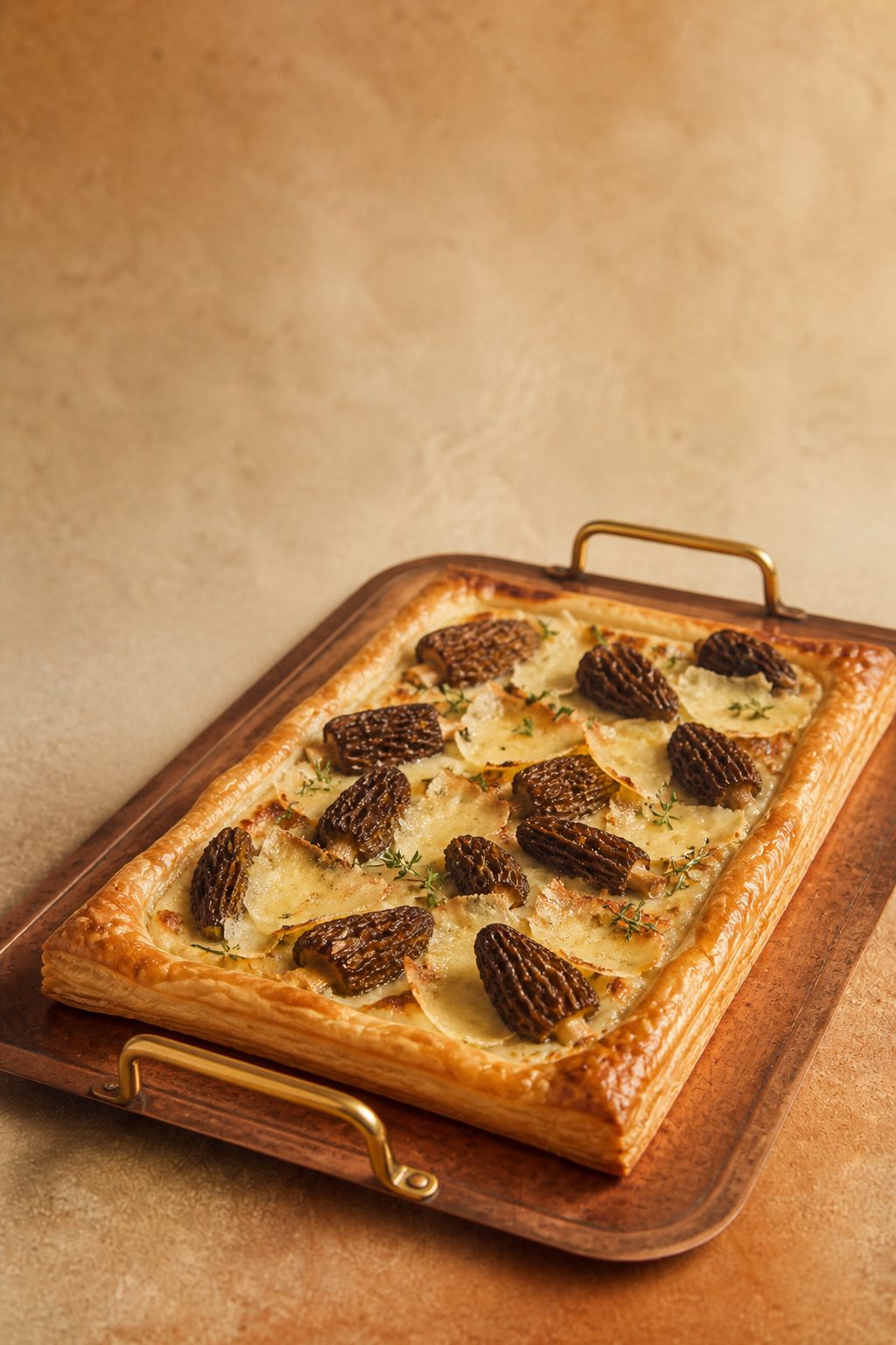 Tarte fine aux morilles et comté sur une plaque, vue de trois-quarts, fond beige