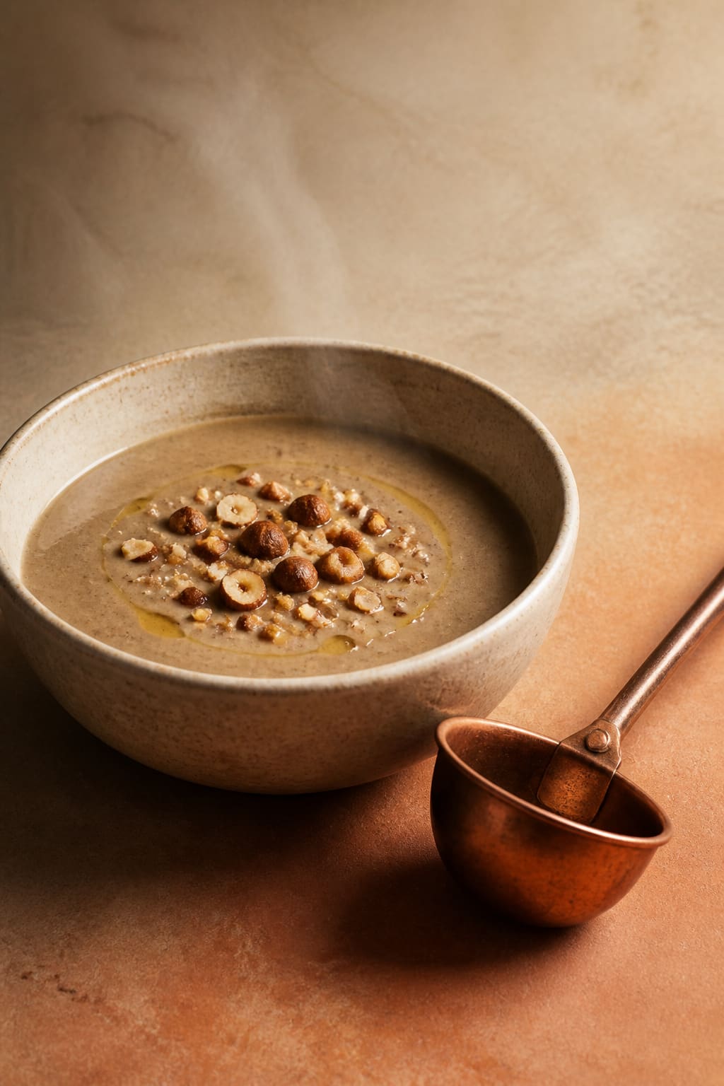 Velouté de cèpes dans un bol en grès, noisettes torréfiées concassées, louche en cuivre, fond beige